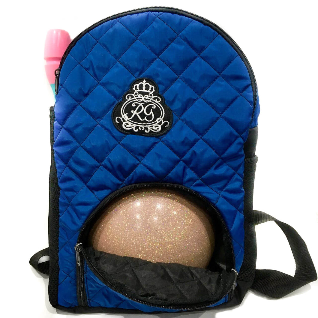 Backpack for gymnasts has pockets for ball and clubs/stick and the central section for clothing. 